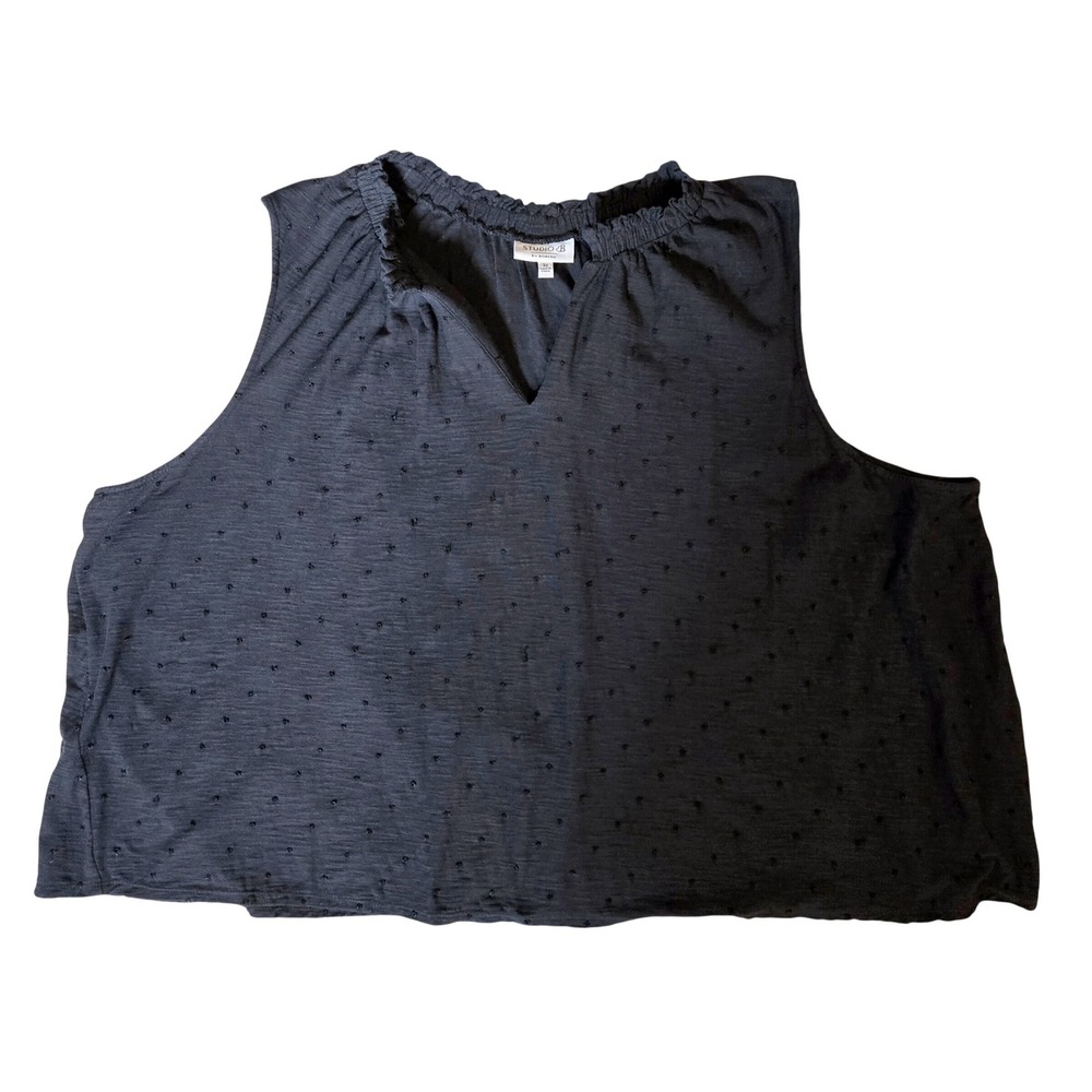 Studio B by Bobeau Women's 3X Black Clip Dot Ruffle Neck Sleeveless Knit Top